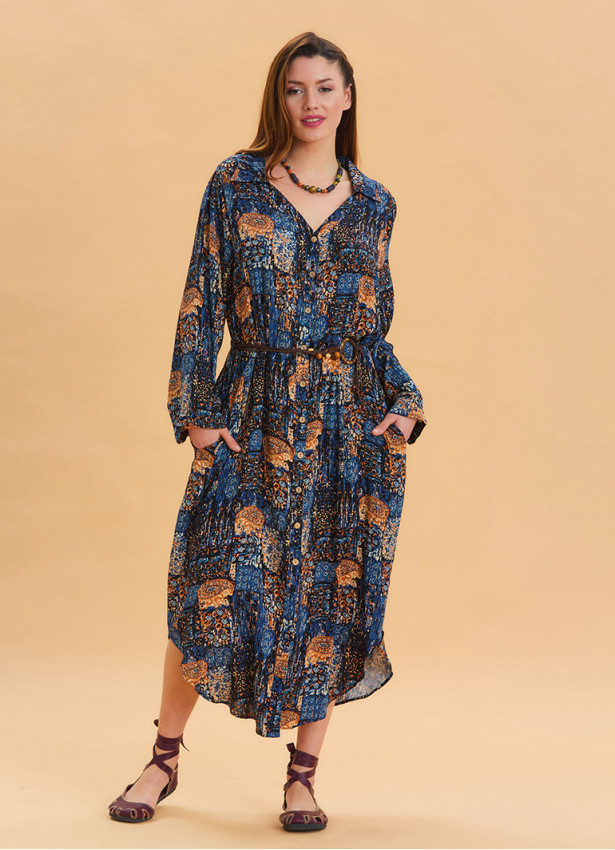 P Shirt Collar Belt Detailed Blue Bohemian Dress 4451